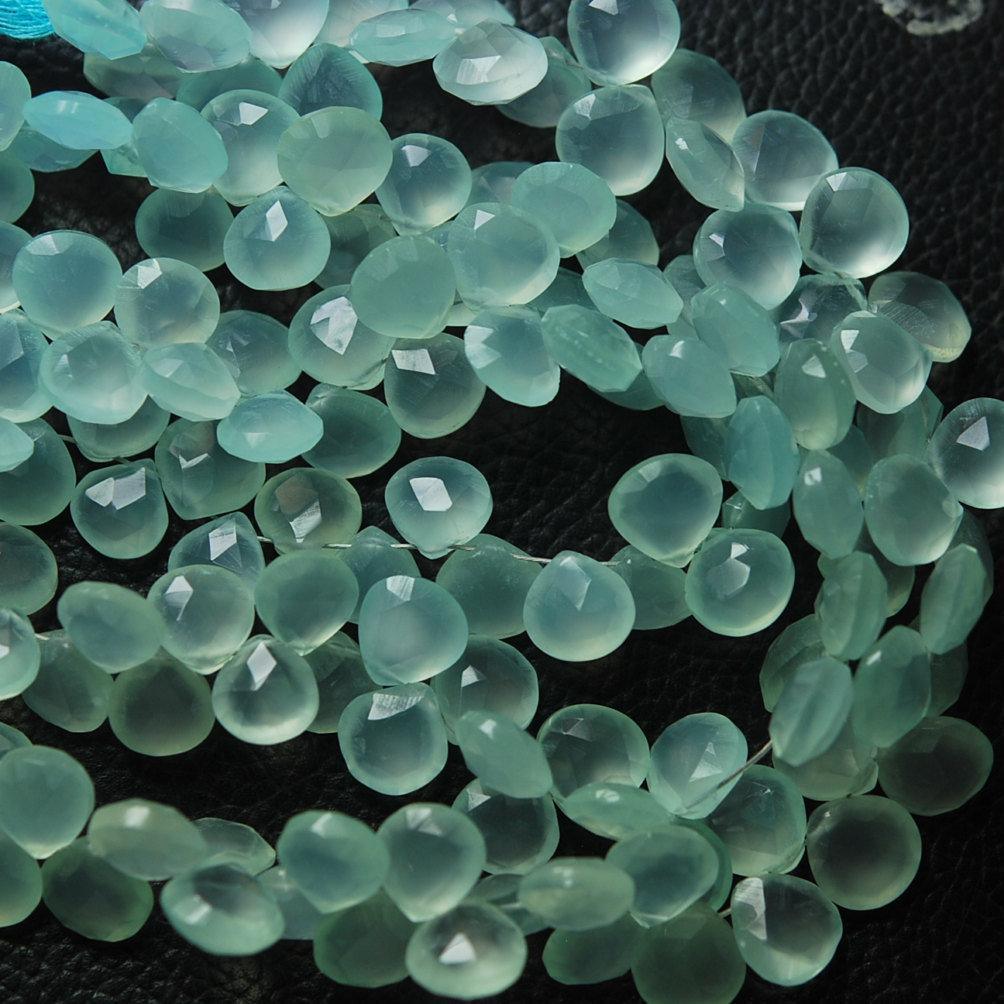 Natural Aqua Chalcedony Faceted Heart Briolette Gemstone Loose Beads 8" 8mm - Jalvi & Co.