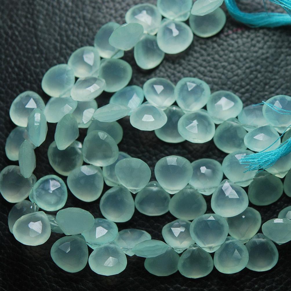 Natural Aqua Chalcedony Faceted Heart Briolette Gemstone Loose Beads 8" 8mm - Jalvi & Co.