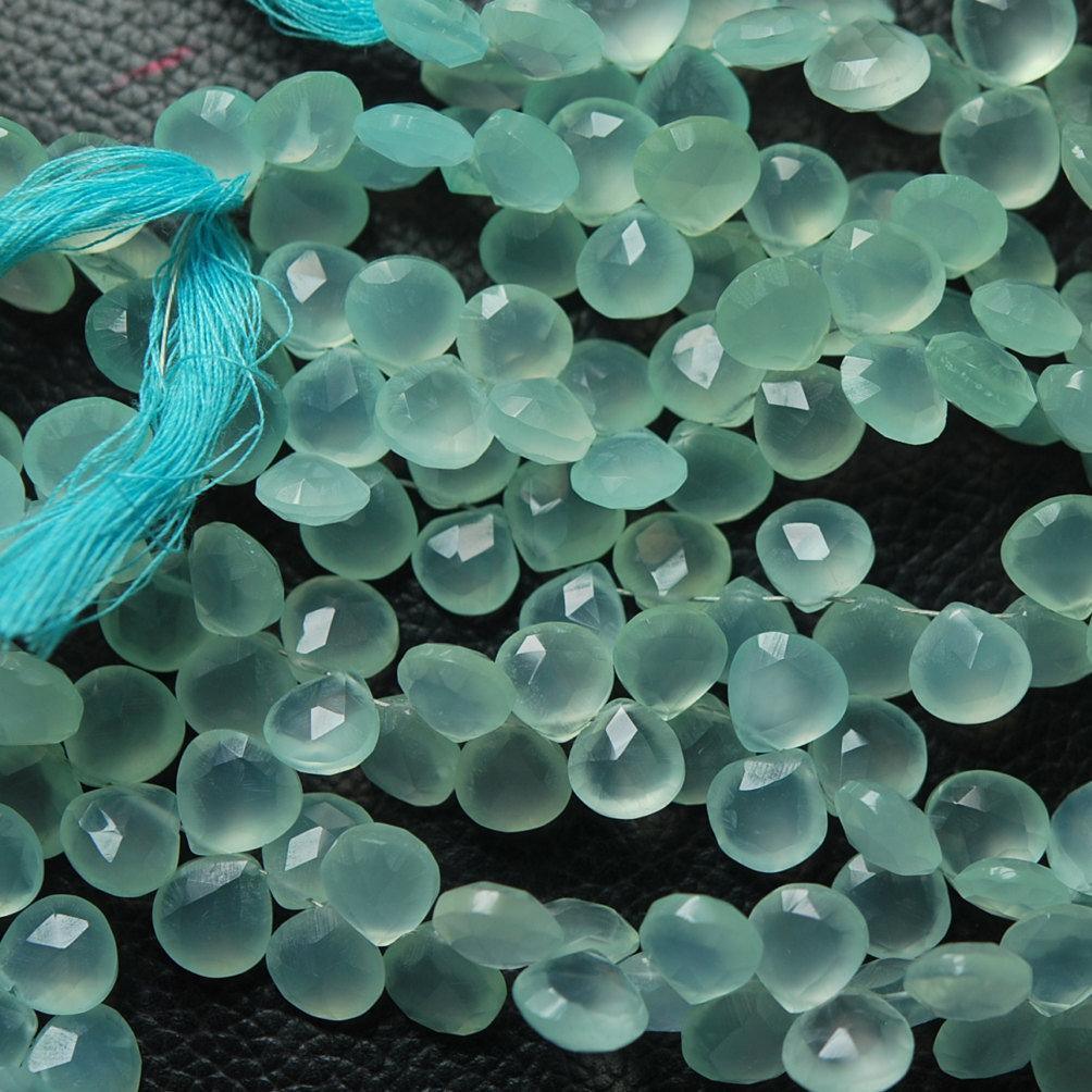 Natural Aqua Chalcedony Faceted Heart Briolette Gemstone Loose Beads 8" 8mm - Jalvi & Co.