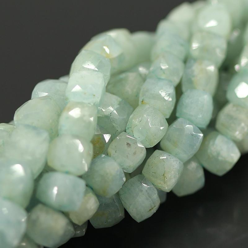 Natural Aquamarine Faceted 3D Cube Box Loose Gemstone Beads Strand 9" 7mm 8mm - Jalvi & Co.