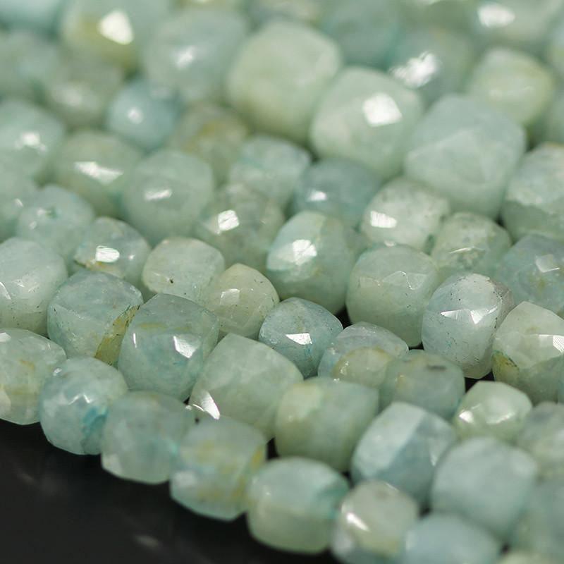 Natural Aquamarine Faceted 3D Cube Box Loose Gemstone Beads Strand 9" 7mm 8mm - Jalvi & Co.