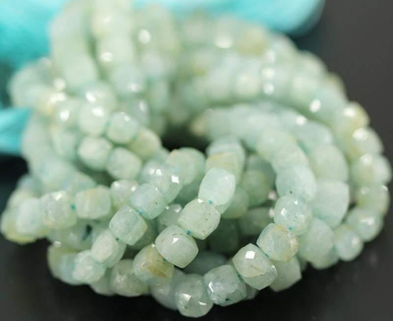 Natural Aquamarine Faceted 3D Cube Box Loose Gemstone Beads Strand 9" 7mm 8mm - Jalvi & Co.