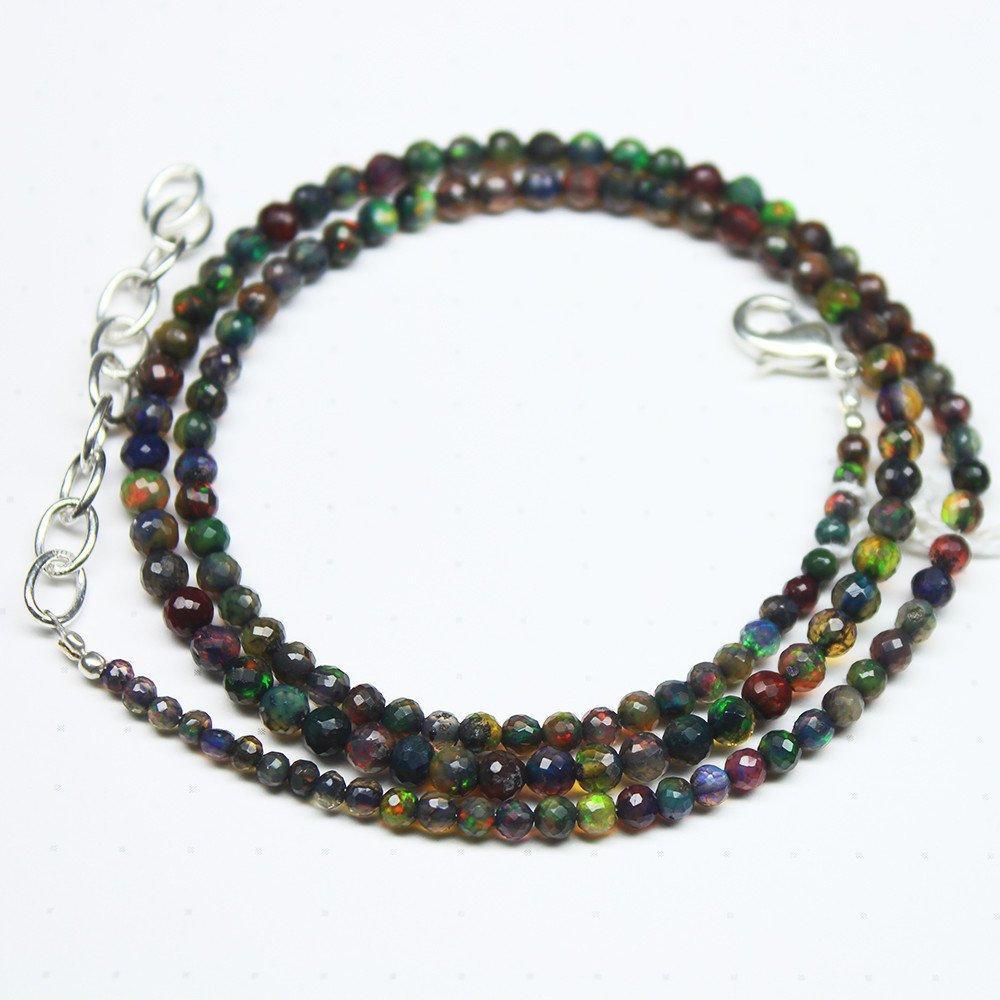 Natural Black Opal Faceted Round Loose Gemstone Beads Necklace 17" 3mm 4mm 34ct - Jalvi & Co.