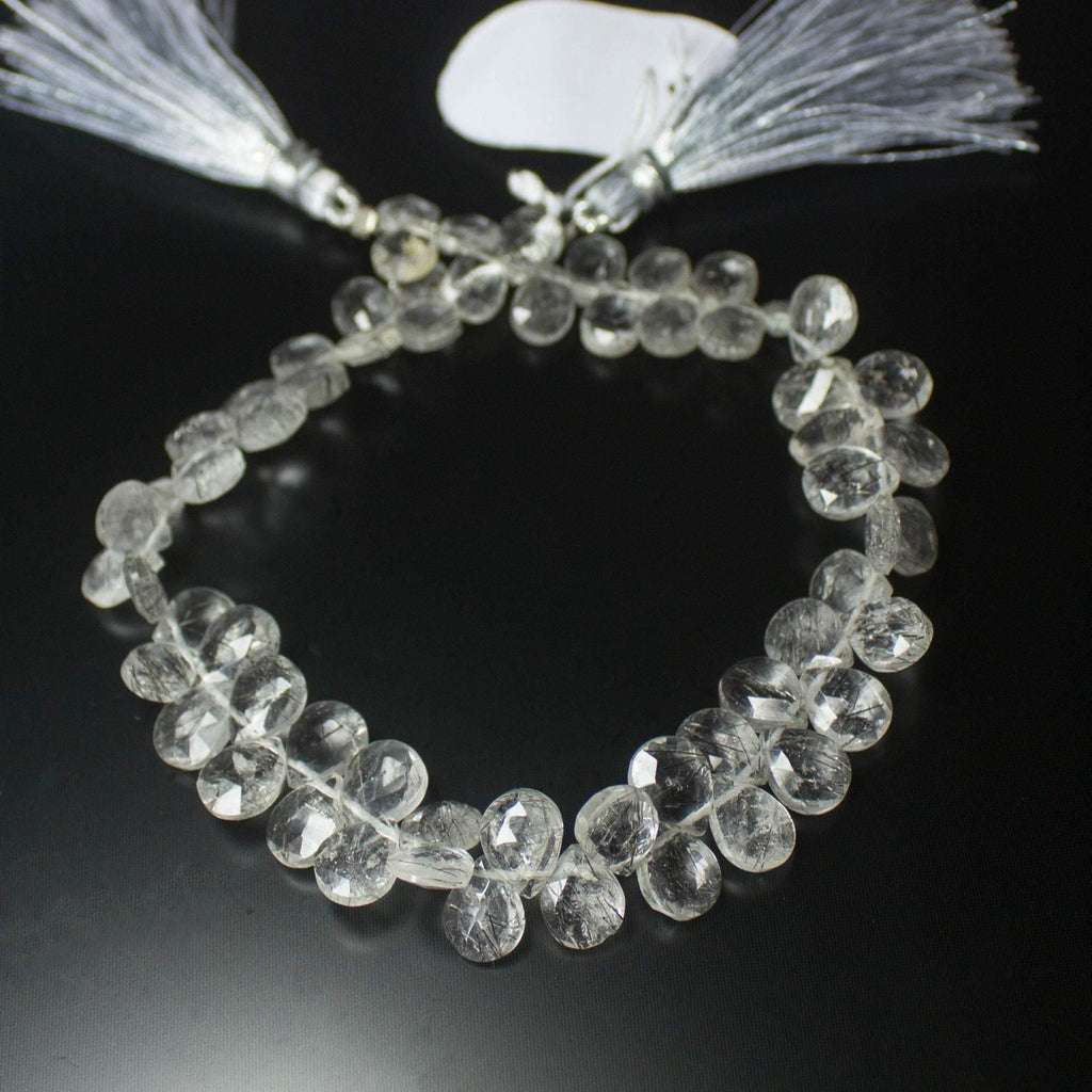 Natural Black Rutile Quartz Faceted Pear Drop Beads 8mm 9mm 8.5inches - Jalvi & Co.