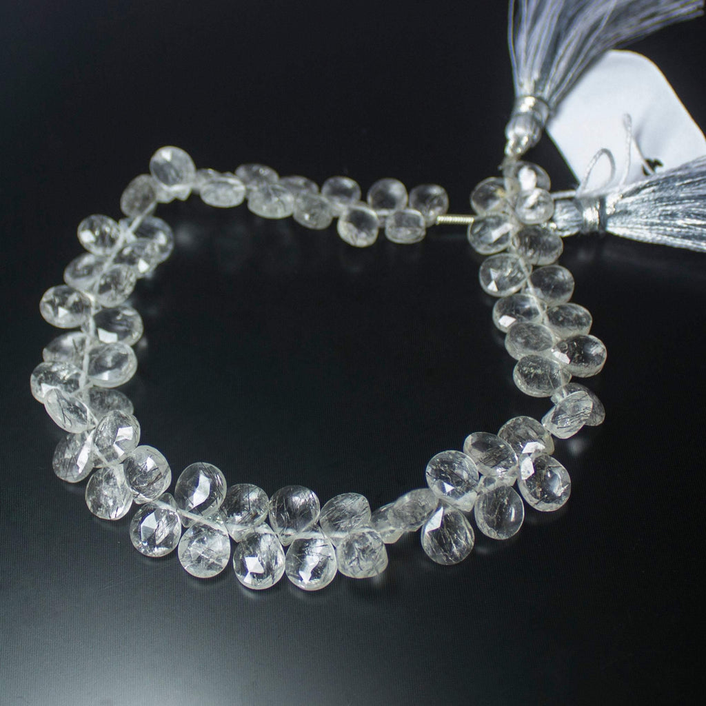 Natural Black Rutile Quartz Faceted Pear Drop Beads 8mm 9mm 8.5inches - Jalvi & Co.