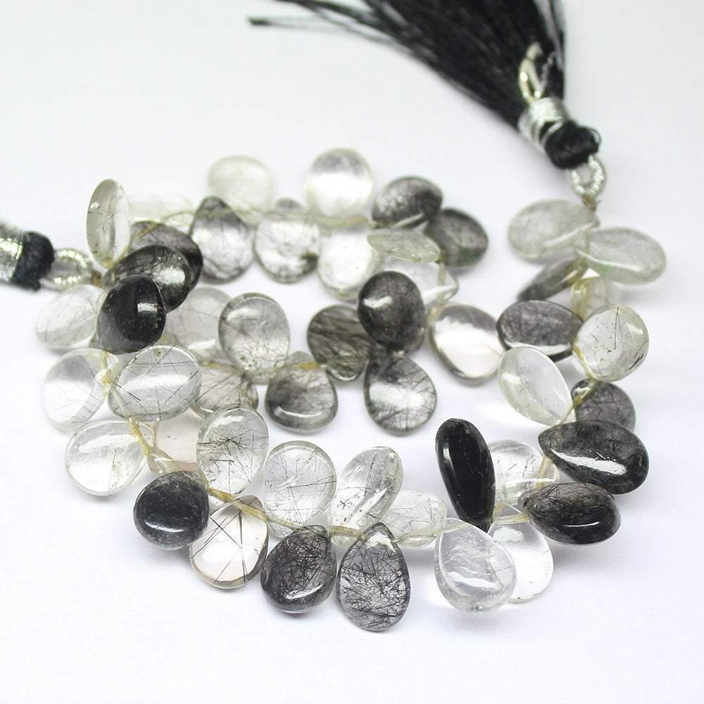 Natural Black Rutile Quartz Smooth Pear Drop Beads 9mm 11mm 8inches - Jalvi & Co.