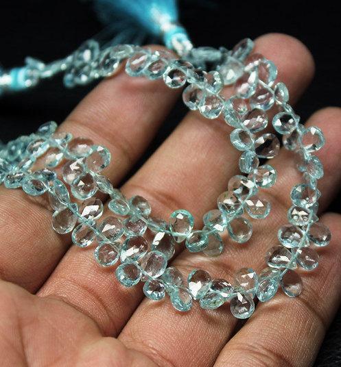 Natural Blue Aquamarine Faceted Pear Drop Beads 6.5mm 7mm 8inches - Jalvi & Co.