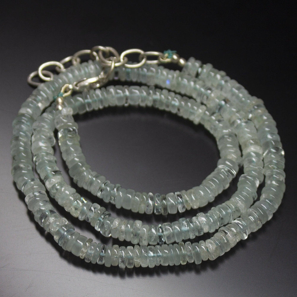 Natural Blue Aquamarine Smooth Wheel Beads Necklace 5mm 19inches - Jalvi & Co.