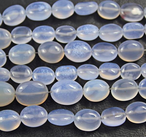 Natural Blue Turk Chalcedony Smooth Oval Polished Gemstone Beads 12mm 13mm 8" - Jalvi & Co.