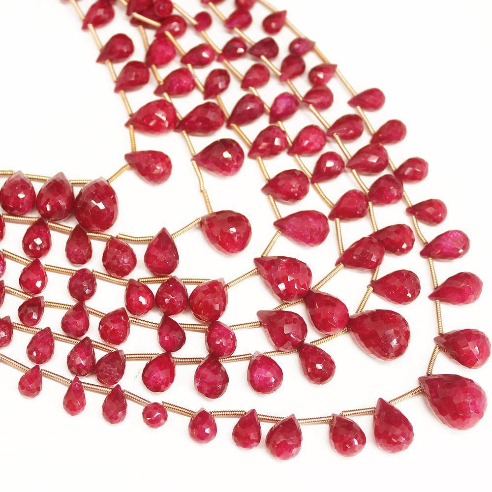 Natural Dyed 6 Strand Ruby Faceted Tear Drop Briolette Gemstone Loose Beads Necklace 7mm 16mm - Jalvi & Co.