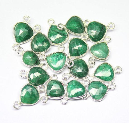 Natural Dyed Green Emerald 925 Sterling Silver Heart Shape Connector Bezel 2pc 16mm - Jalvi & Co.