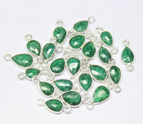 Natural Dyed Green Emerald 925 Sterling Silver Pear Shape Connector Bezel 2pc 15mm - Jalvi & Co.