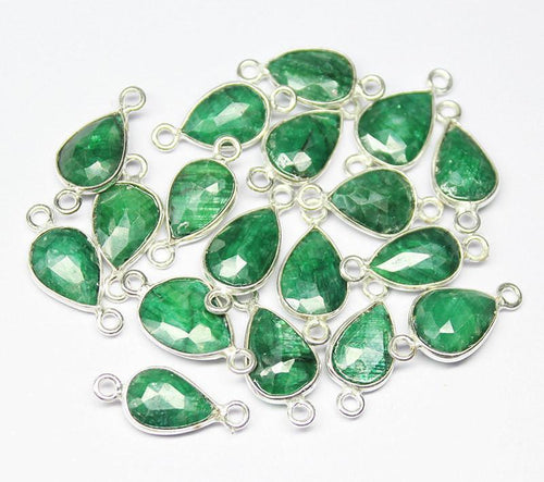 Natural Dyed Green Emerald 925 Sterling Silver Pear Shape Connector Bezel 2pc 17mm - Jalvi & Co.