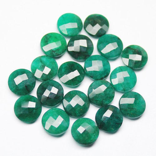 Natural Dyed Green Emerald Checker Faceted Coin Loose Matching Pair Beads 4pc 10mm - Jalvi & Co.
