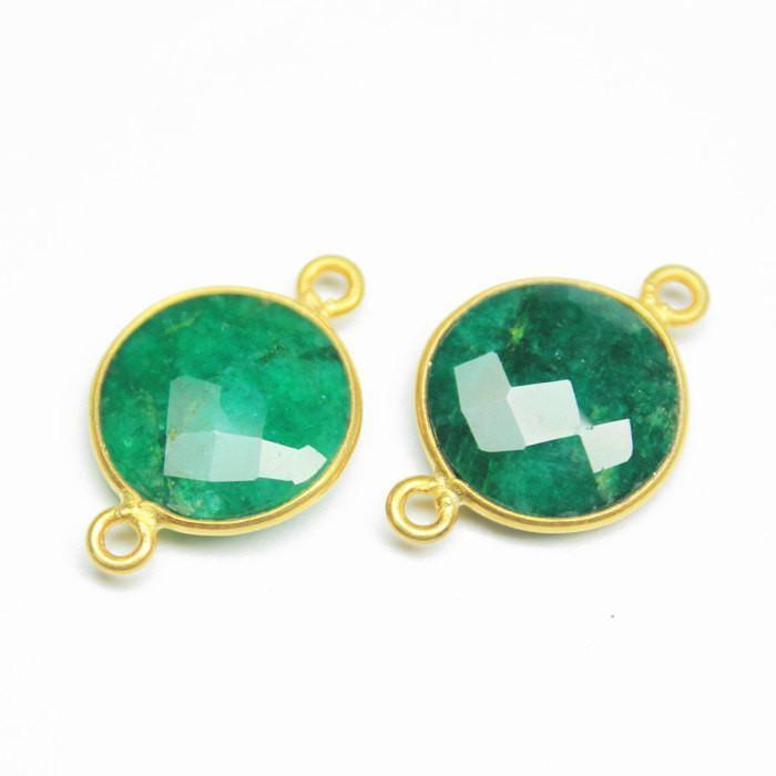 Natural Dyed Green Emerald Faceted Coin 925 Silver Gold Vermeil Connector 2pc 14mm - Jalvi & Co.