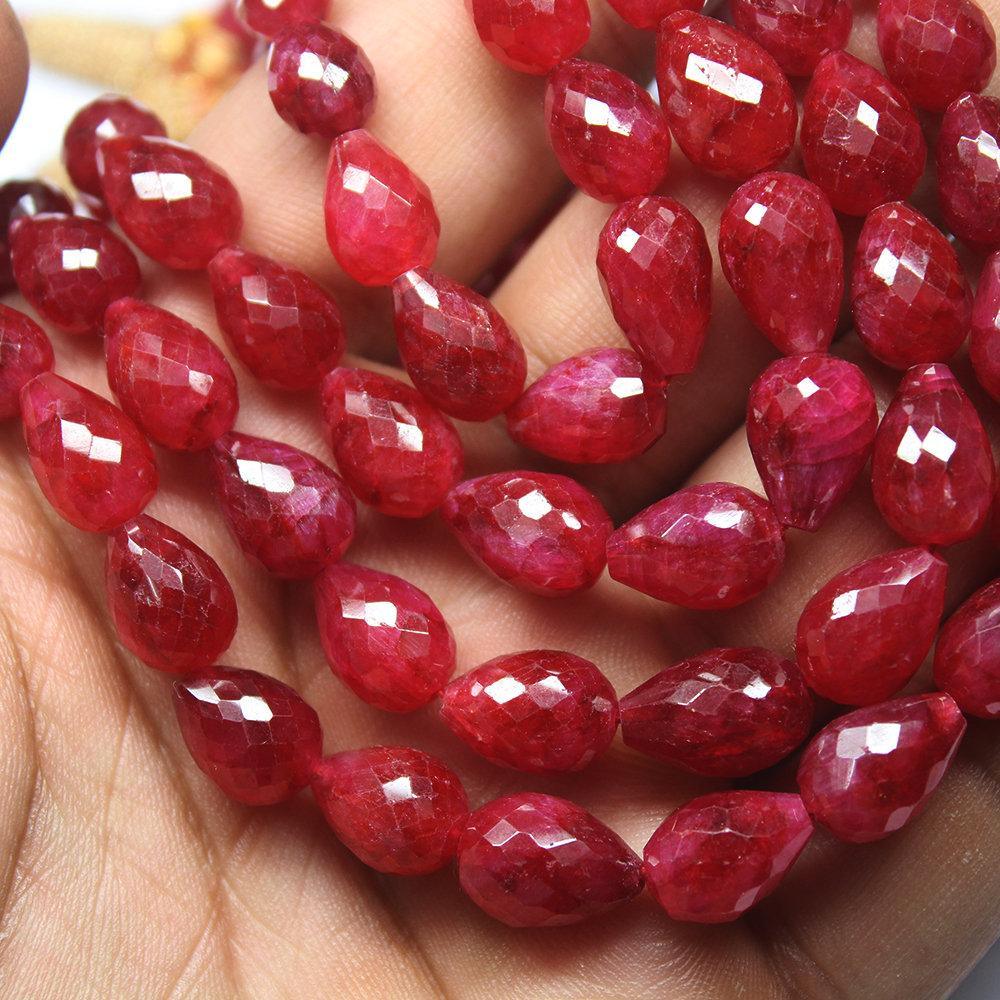 Natural Dyed Red Ruby Faceted Tear Drop Briolette Gemstone Beads Strand 10" 8mm 12mm - Jalvi & Co.