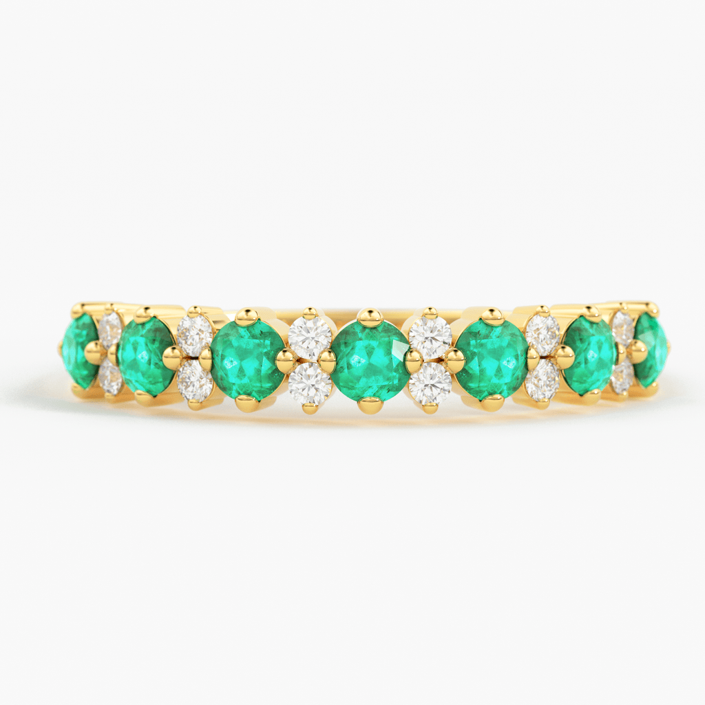 Natural Emerald and Diamond Ring in 14k Gold / Round Emerald Anniversary Band / Diamond and Emerald Alternating Wedding Ring/ May Birthstone - Jalvi & Co.