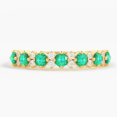 Natural Emerald and Diamond Ring in 14k Gold / Round Emerald Anniversary Band / Diamond and Emerald Alternating Wedding Ring/ May Birthstone - Jalvi & Co.