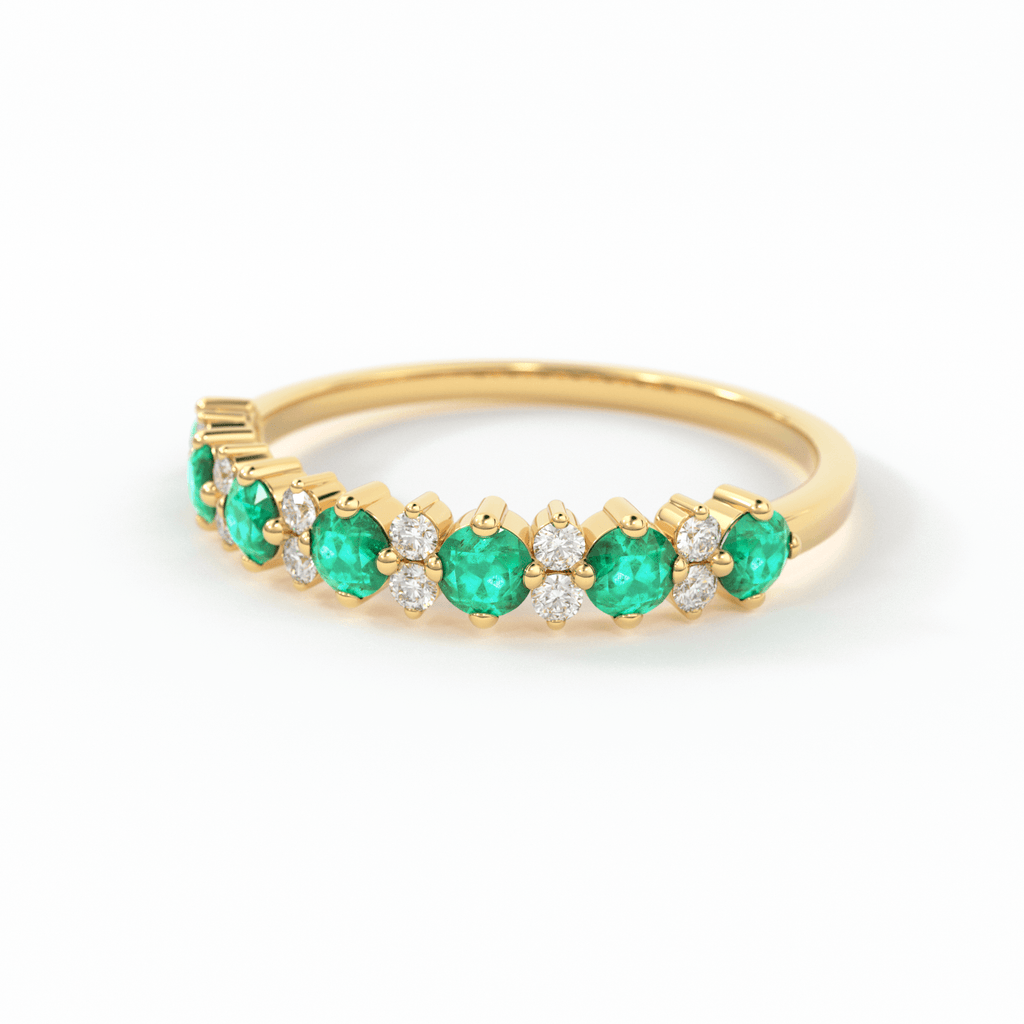 Natural Emerald and Diamond Ring in 14k Gold / Round Emerald Anniversary Band / Diamond and Emerald Alternating Wedding Ring/ May Birthstone - Jalvi & Co.