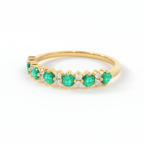Natural Emerald and Diamond Ring in 14k Gold / Round Emerald Anniversary Band / Diamond and Emerald Alternating Wedding Ring/ May Birthstone - Jalvi & Co.