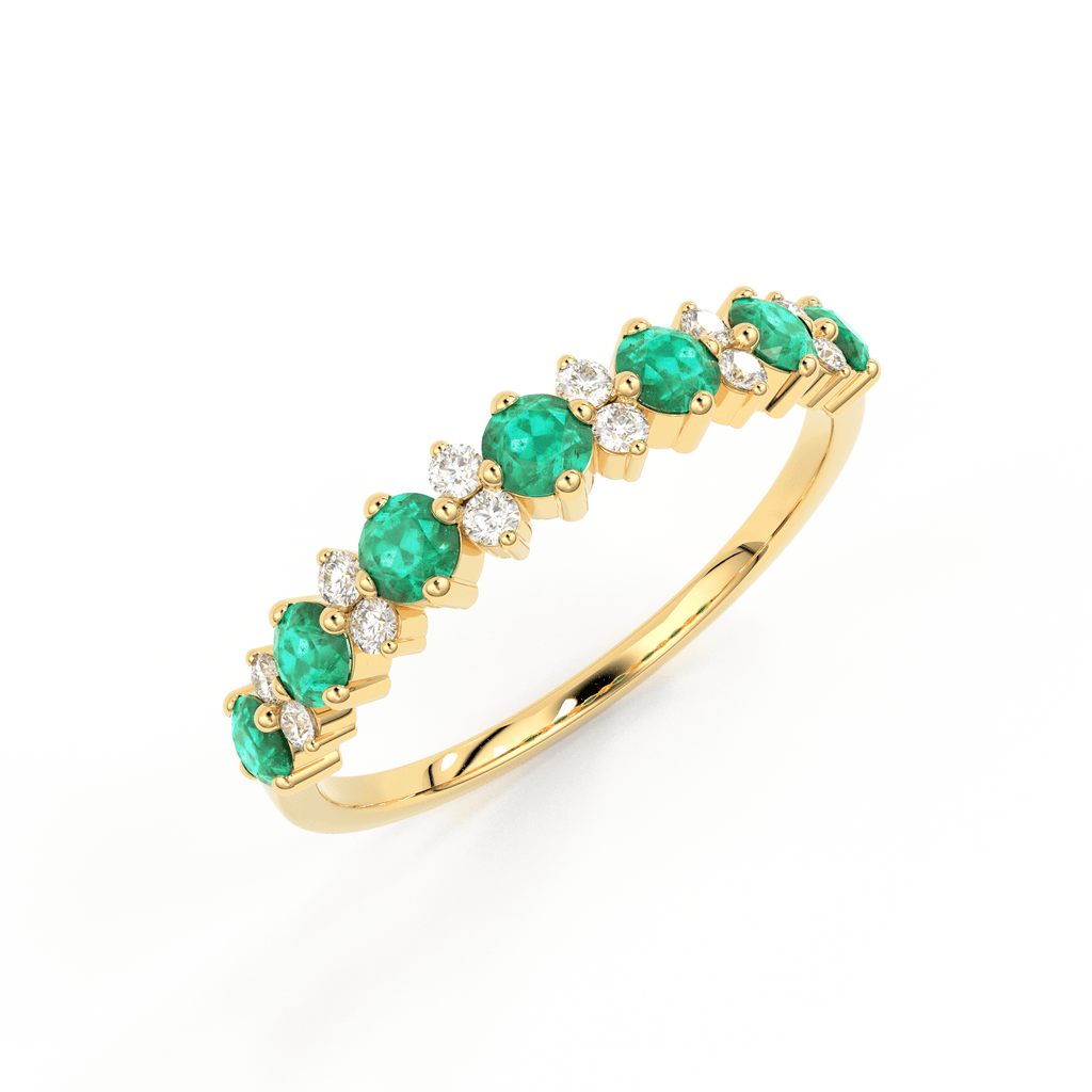 Natural Emerald and Diamond Ring in 14k Gold / Round Emerald Anniversary Band / Diamond and Emerald Alternating Wedding Ring/ May Birthstone - Jalvi & Co.