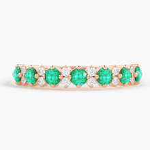 Load image into Gallery viewer, Natural Emerald and Diamond Ring in 14k Gold / Round Emerald Anniversary Band / Diamond and Emerald Alternating Wedding Ring/ May Birthstone - Jalvi &amp; Co.