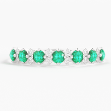 Load image into Gallery viewer, Natural Emerald and Diamond Ring in 14k Gold / Round Emerald Anniversary Band / Diamond and Emerald Alternating Wedding Ring/ May Birthstone - Jalvi &amp; Co.