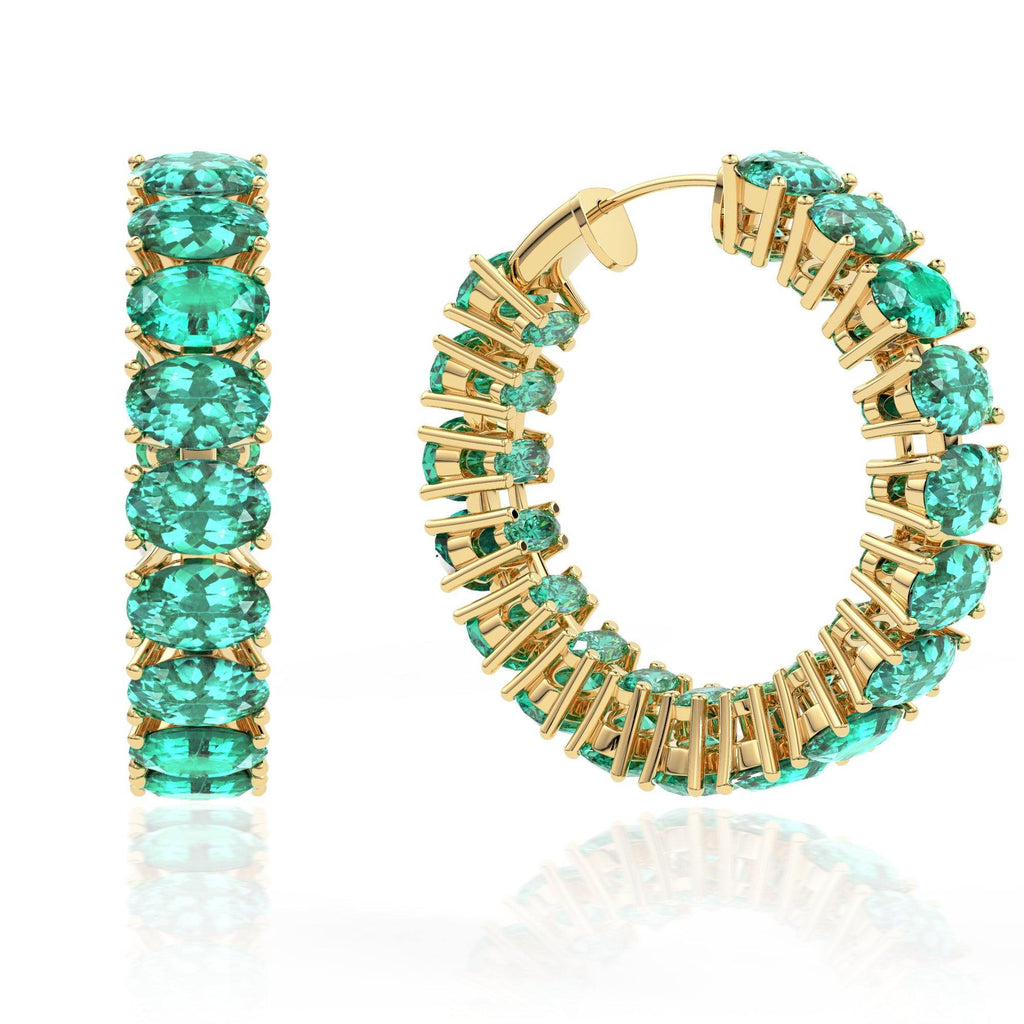 Natural Emerald Earrings / Hoop Earrings / 14k Gold Oval Emerald Huggie Hoop Earrings / Small Hoop Emerald Earrings / Oval Emerald Hoops - Jalvi & Co.