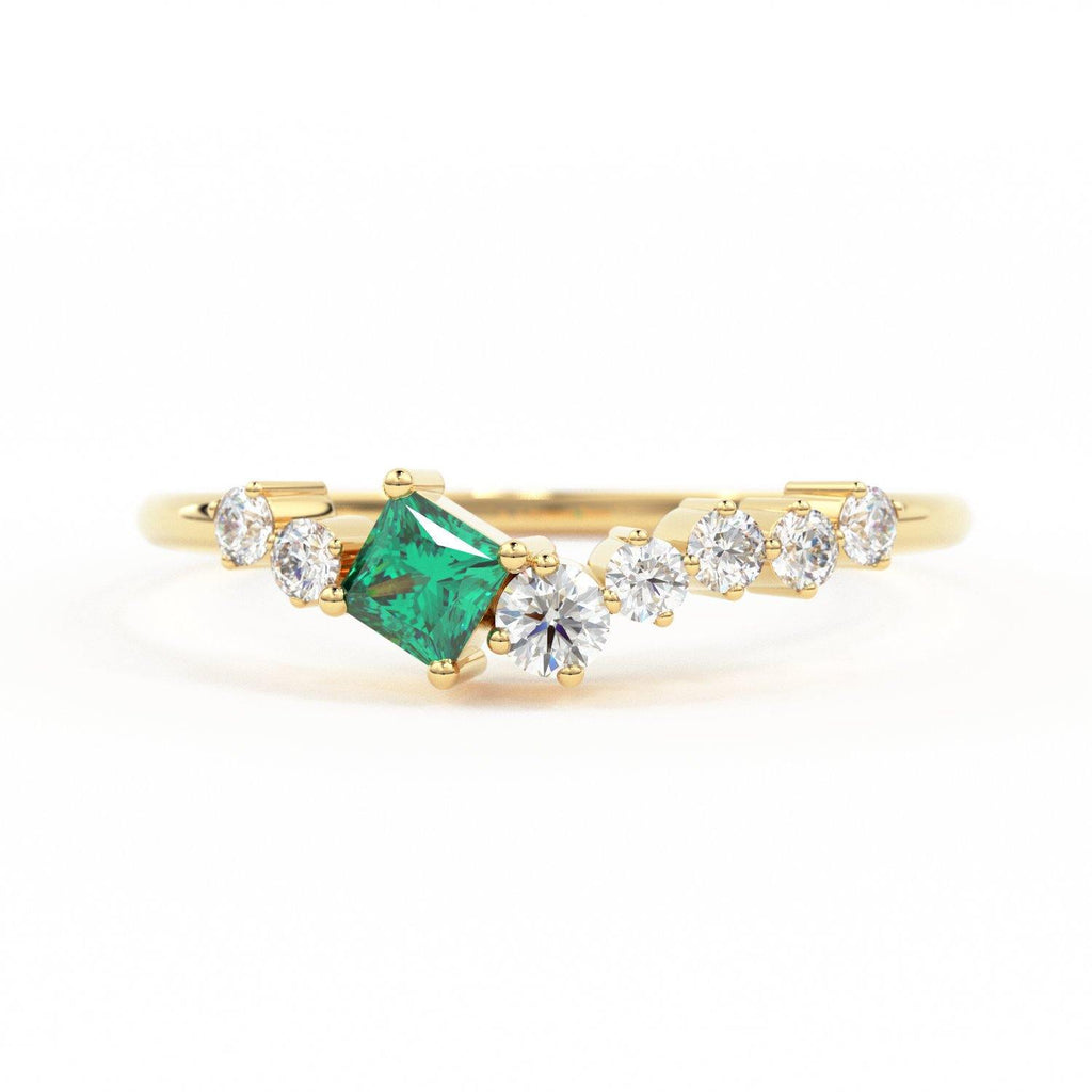 Natural Emerald Ring / 14k Gold Princess Cut Emerald Ring for Women / Emerald and diamond cluster rings / Emerald engagement ring - Jalvi & Co.