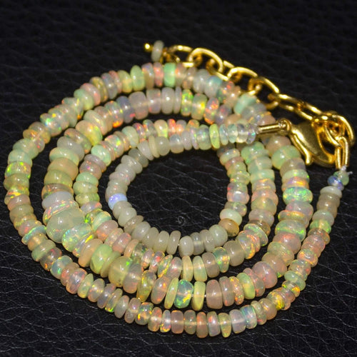 Natural Ethiopian Welo Opal Gold Plated Smooth Rondelle Necklace 5mm 3mm 16.5
