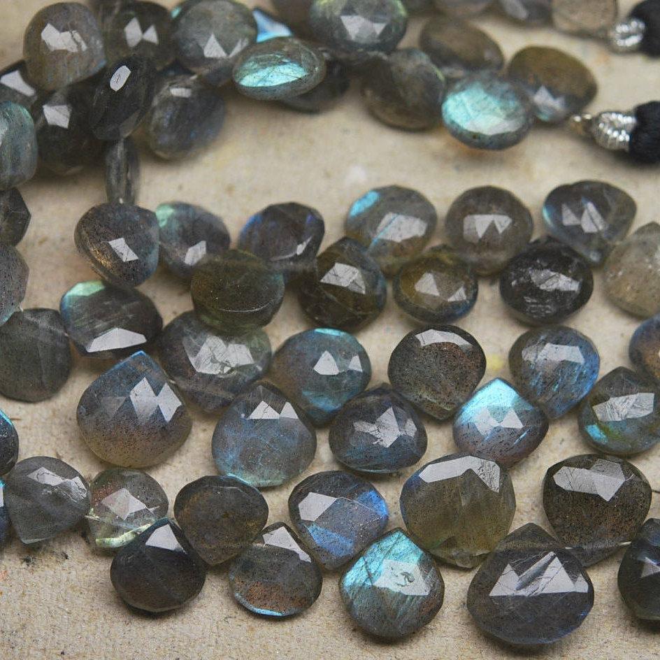 Natural Fire Labradorite Faceted Heart Briolette Loose Gemstone Beads 9" 8mm 9mm - Jalvi & Co.