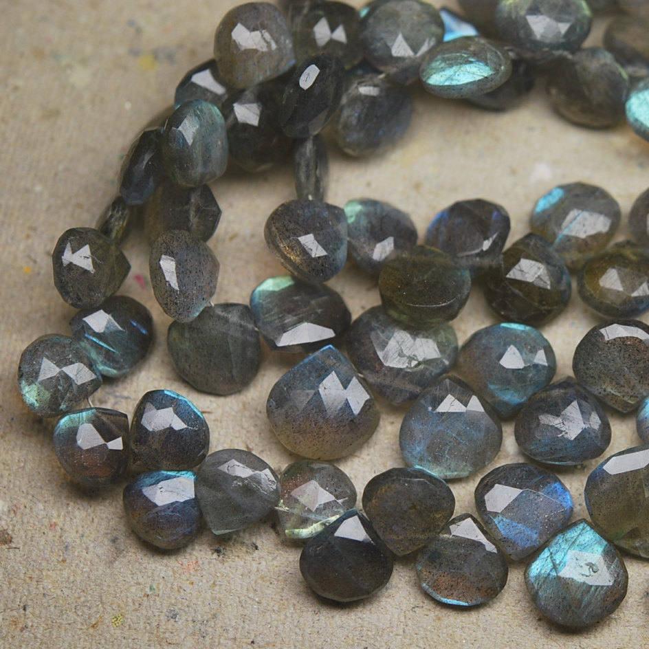 Natural Fire Labradorite Faceted Heart Briolette Loose Gemstone Beads 9" 8mm 9mm - Jalvi & Co.