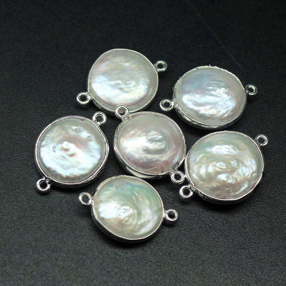 Natural Freshwater Pearl Smooth Round Sterling Silver Bezel Connector 6pc 20mm - Jalvi & Co.