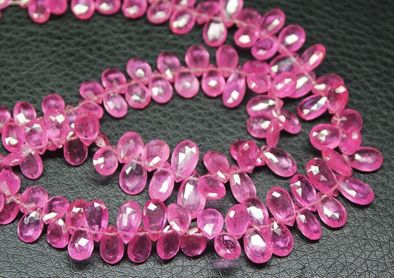 Natural Glass Fill Pink Ruby Faceted Pear Drop Briolette Beads 9" 4mm 10mm - Jalvi & Co.