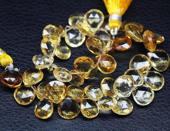 Natural Golden Citrine Faceted Heart Drops Loose Briolette Beads 10" 7mm 12mm - Jalvi & Co.