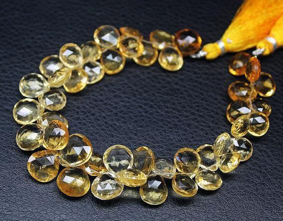 Natural Golden Citrine Faceted Heart Drops Loose Briolette Beads 10" 7mm 12mm - Jalvi & Co.