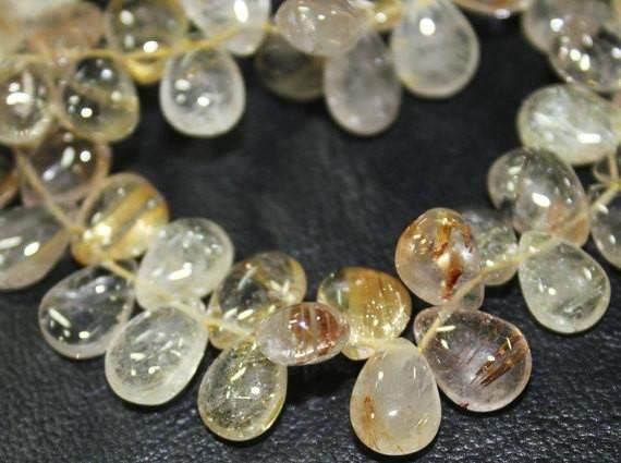 Natural Golden Rutile Smooth Polished Pear Drop Beads Strand 8" 6mm 9mm - Jalvi & Co.