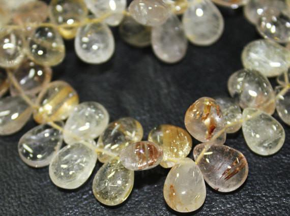 Natural Golden Rutile Smooth Polished Pear Drop Beads Strand 8" 9mm 12mm - Jalvi & Co.