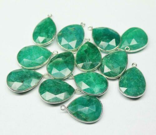 Natural Green Emerald Checker Faceted Pear Drops Silver Bezel Pendant 1pc 24mm - Jalvi & Co.