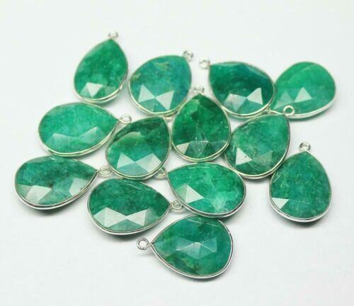 Natural Green Emerald Checker Faceted Pear Drops Silver Bezel Pendant 1pc 24mm - Jalvi & Co.