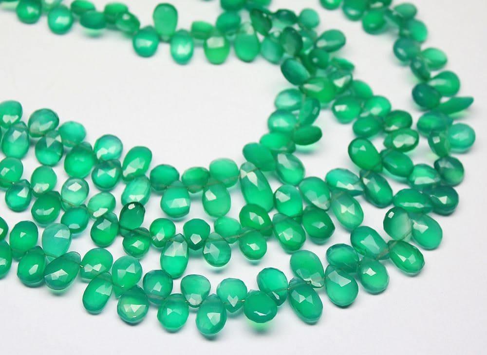 Natural Green Onyx Faceted Briolette Pear Drop Gemstone Beads Strand 9" 6mm 10mm - Jalvi & Co.