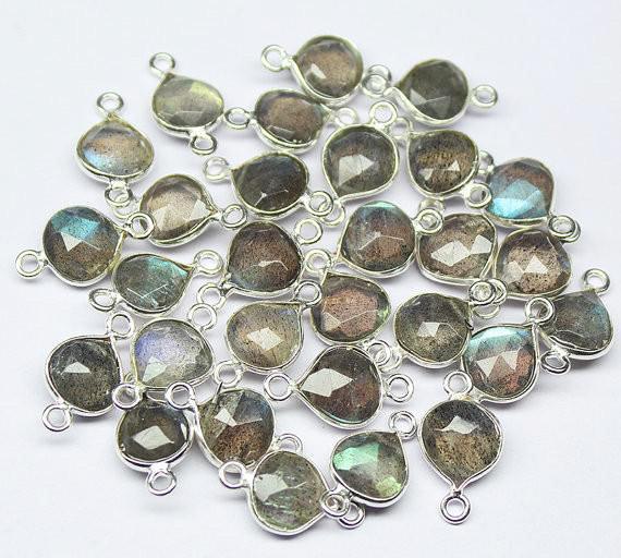 Natural Labradorite Heart Drop 925 Sterling Silver Bezel Connector 4pc 14mm - Jalvi & Co.