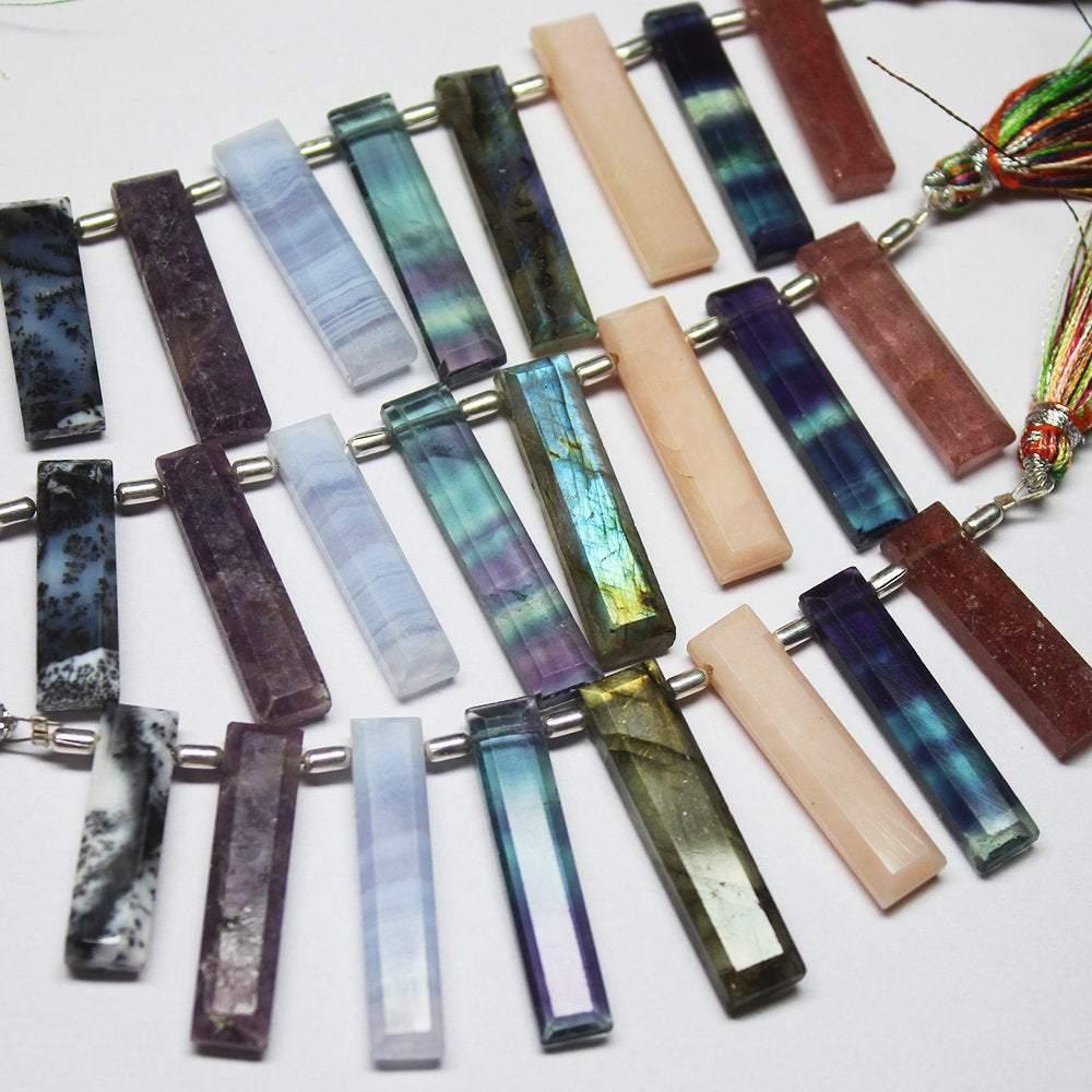 Natural Multi Color Multi Gemstone Faceted Rectangle Long Stick Beads 23mm 32.5mm 8pc - Jalvi & Co.