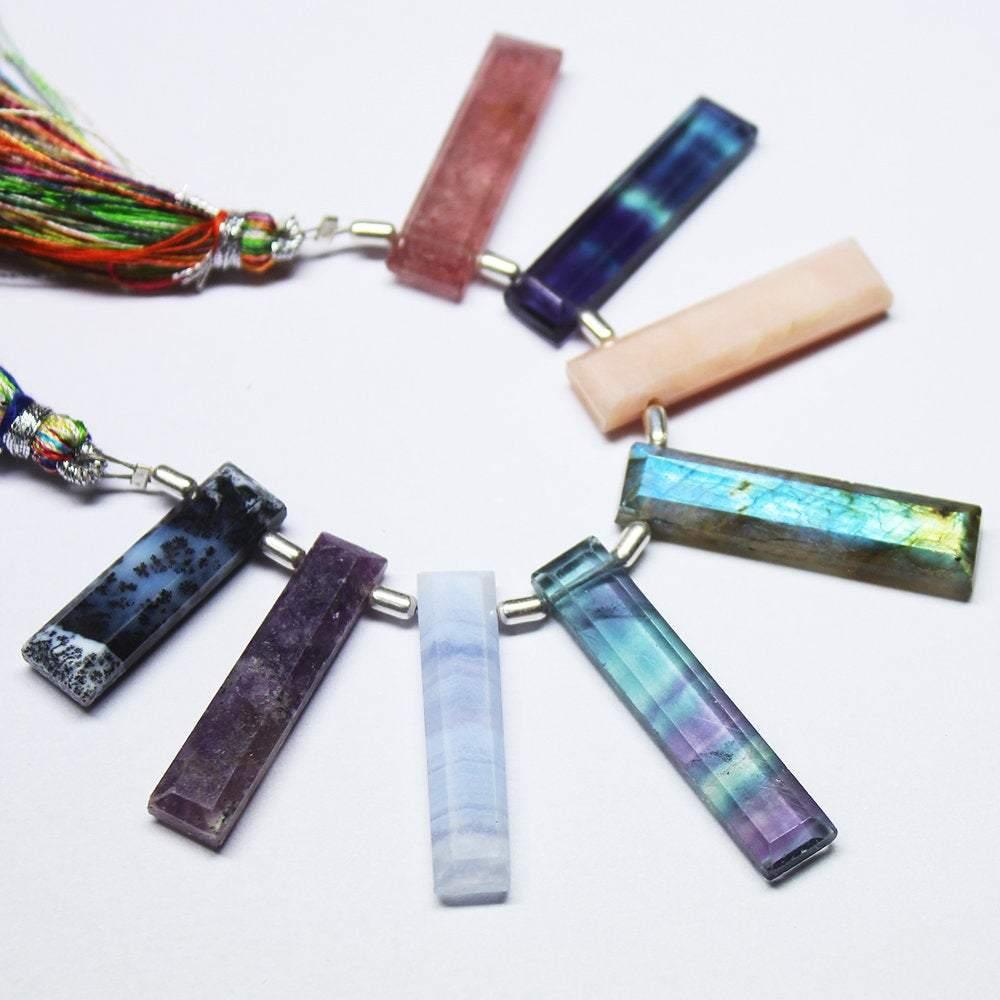 Natural Multi Color Multi Gemstone Faceted Rectangle Long Stick Beads 23mm 32.5mm 8pc - Jalvi & Co.