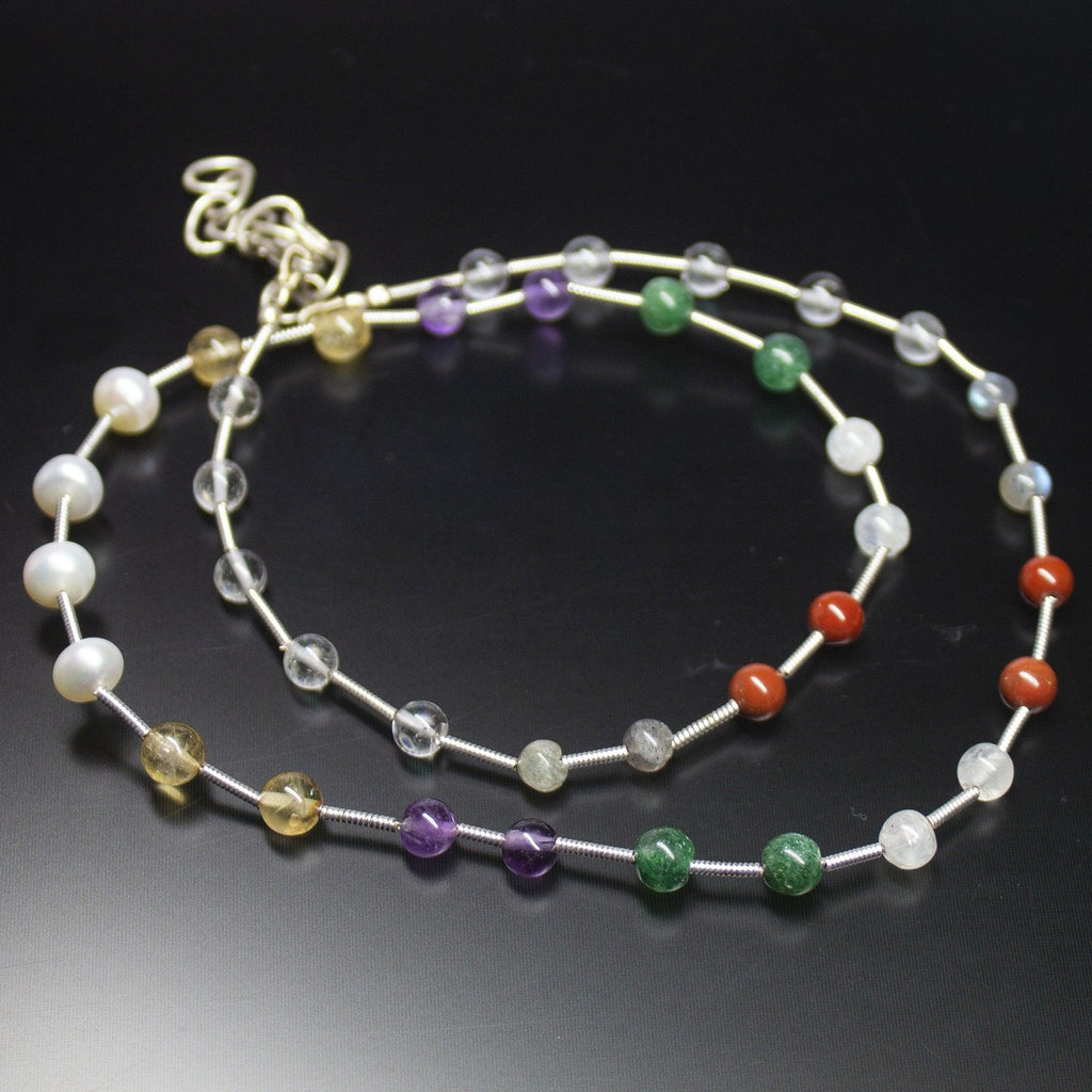 Natural Multi Color Multi Gemstone Smooth Round Beads Necklace 4.5mm 6mm 19" - Jalvi & Co.