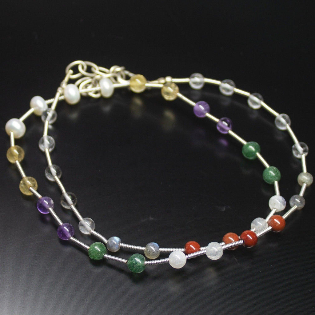 Natural Multi Color Multi Gemstone Smooth Round Beads Necklace 4.5mm 6mm 19" - Jalvi & Co.