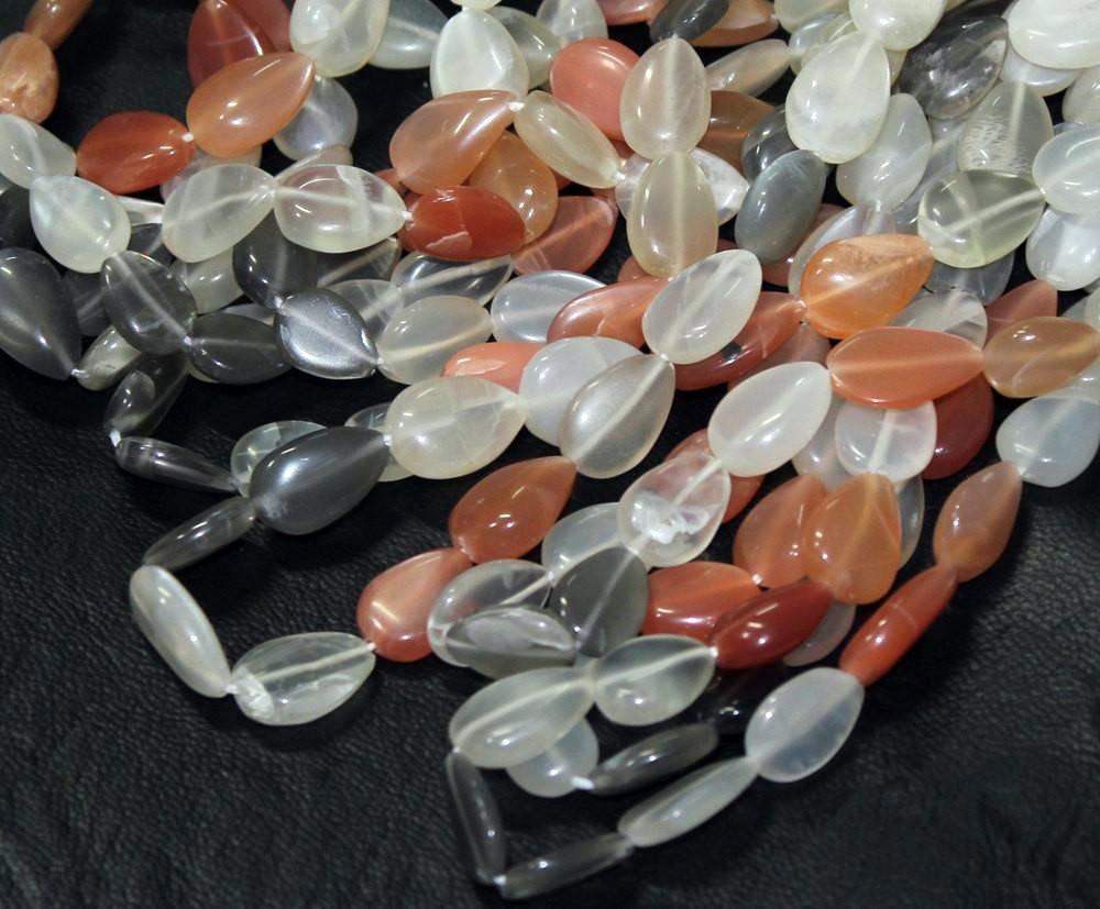 Natural Multi Moonstone Smooth Polished Straight Pear Drops Beads 14" 12mm 13mm - Jalvi & Co.