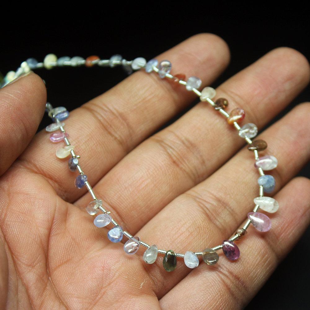 Natural Multi Sapphire Smooth Pear Drop Loose Gemstone Beads 4" 5mm 7mm - Jalvi & Co.