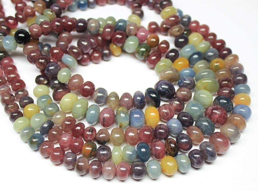 Natural Multi Sapphire Smooth Rondelle Beads Loose Gemstone Strand 8" 7mm 12mm - Jalvi & Co.