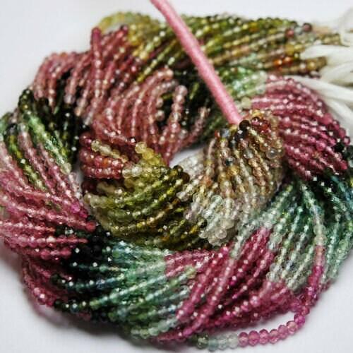 Natural Multi Tourmaline Micro Faceted Rondelle Loose Gemstone Beads 13" 2.5mm - Jalvi & Co.